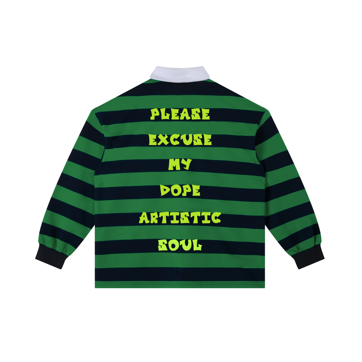 "P.E.M.D.A.S." Statement Color-Block Striped Polo Shirt (Green/Navy Blue)