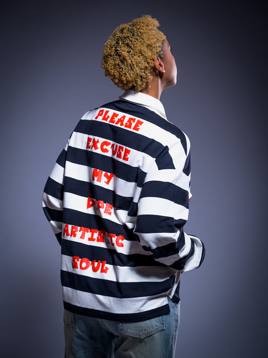 "P.E.M.D.A.S." Statement Color-Block Striped Polo Shirt (White/Black)