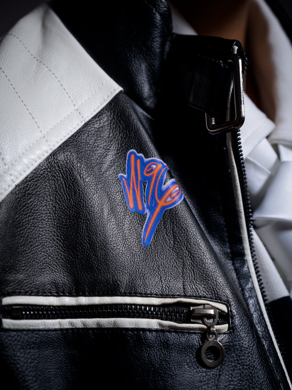 "AMBITION ON" Graphic Statement Faux Leather Moto Biker Jacket (White/Black/Fury Red)