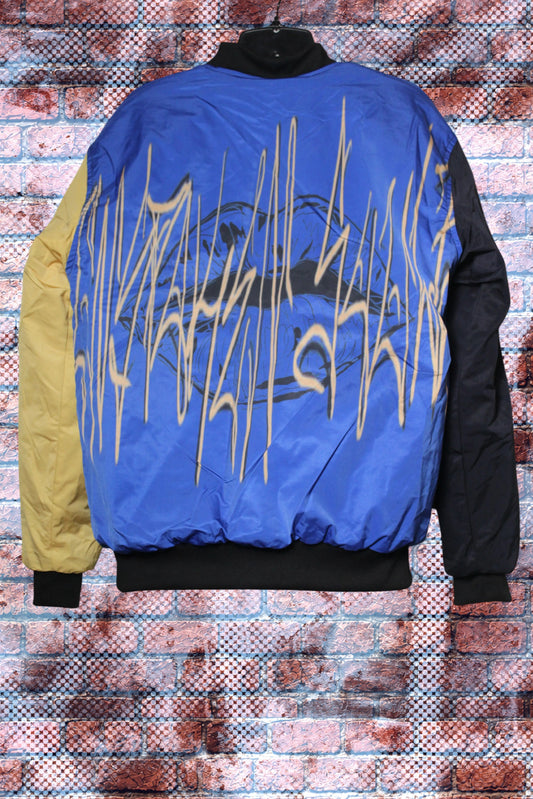 "Unspoken Soulz" Graphic Print Color Block Bomber Jacket (HumBlue/Sunshine Sand/Black)