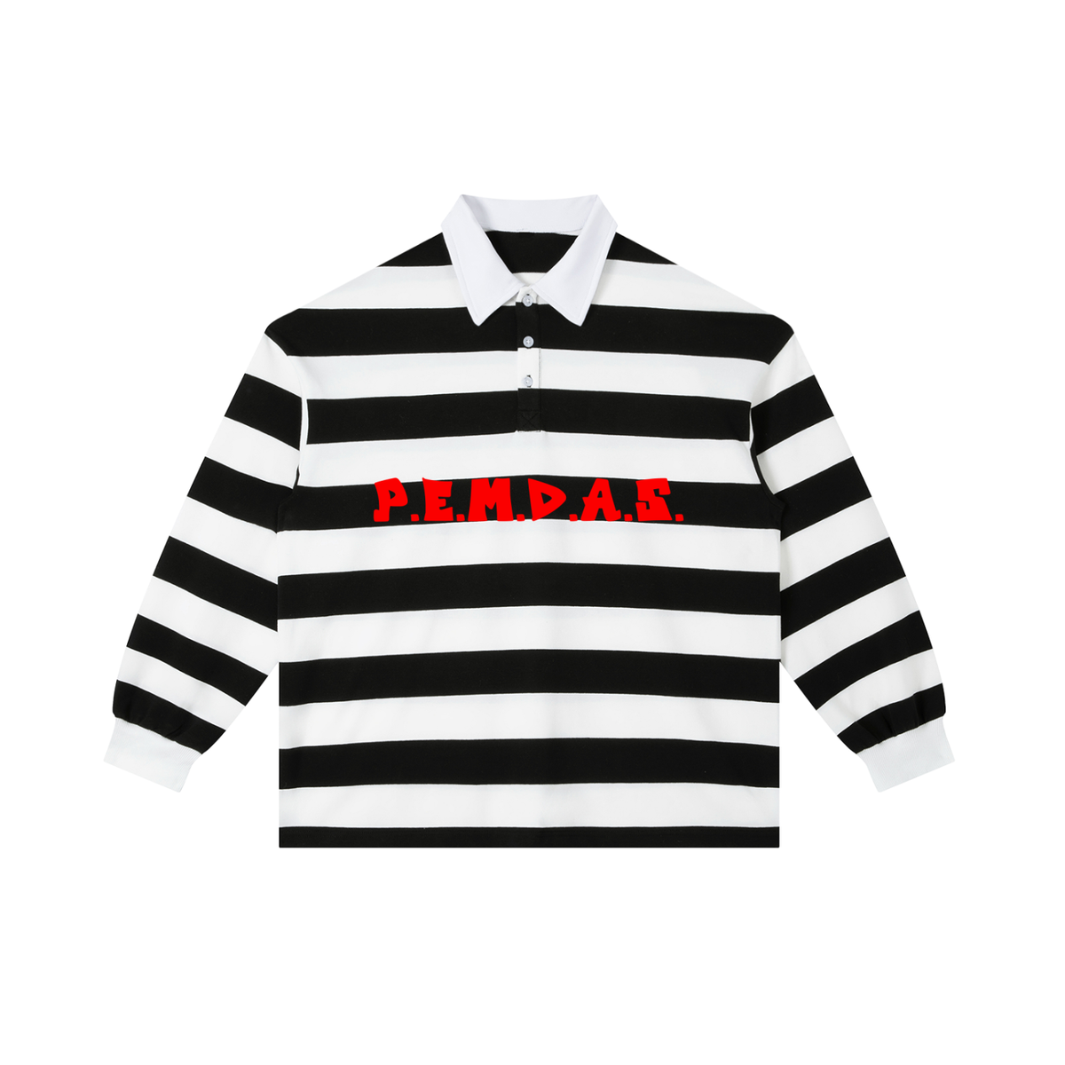 "P.E.M.D.A.S." Statement Color-Block Striped Polo Shirt (White/Black)