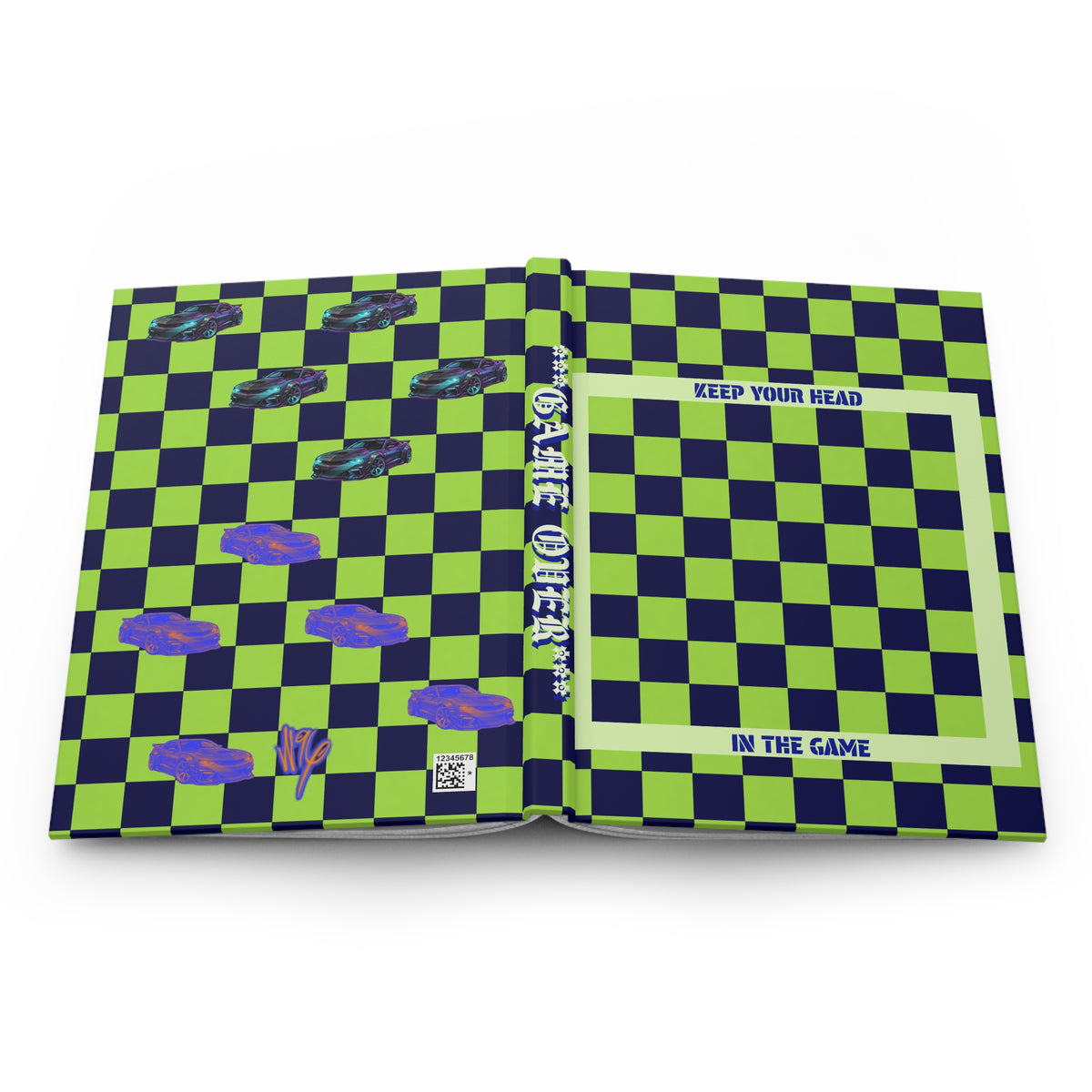 "KEEP YOUR HEAD IN THE GAME" Checker Board Printed Matte Hardcover Journal (Green/Navy Blue)