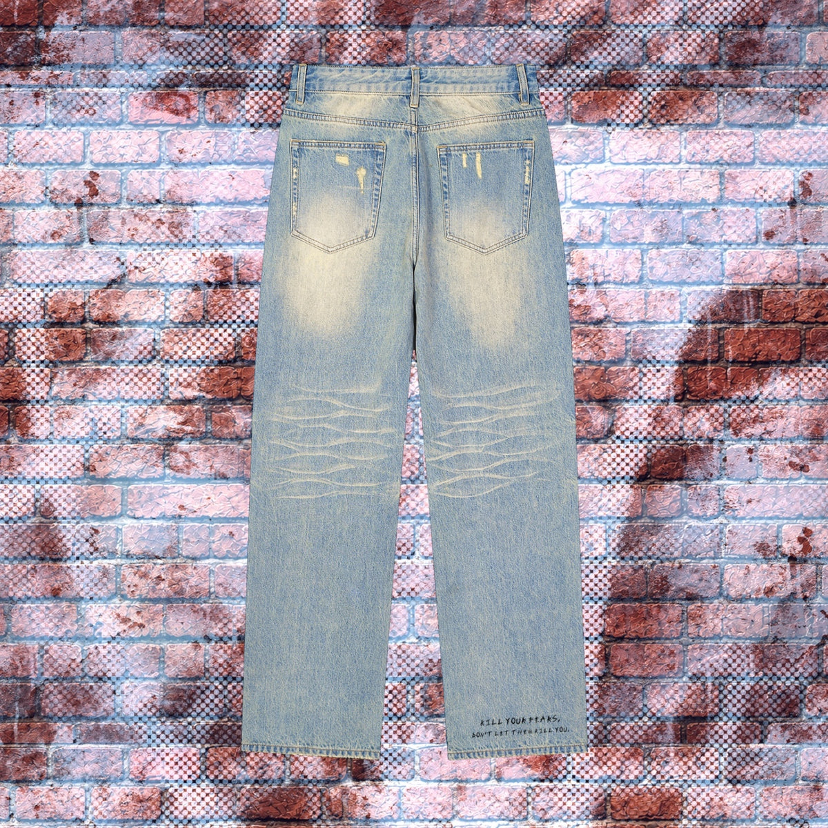 "FEAR LESS" Graphic Sun-Faded Statement Jeans