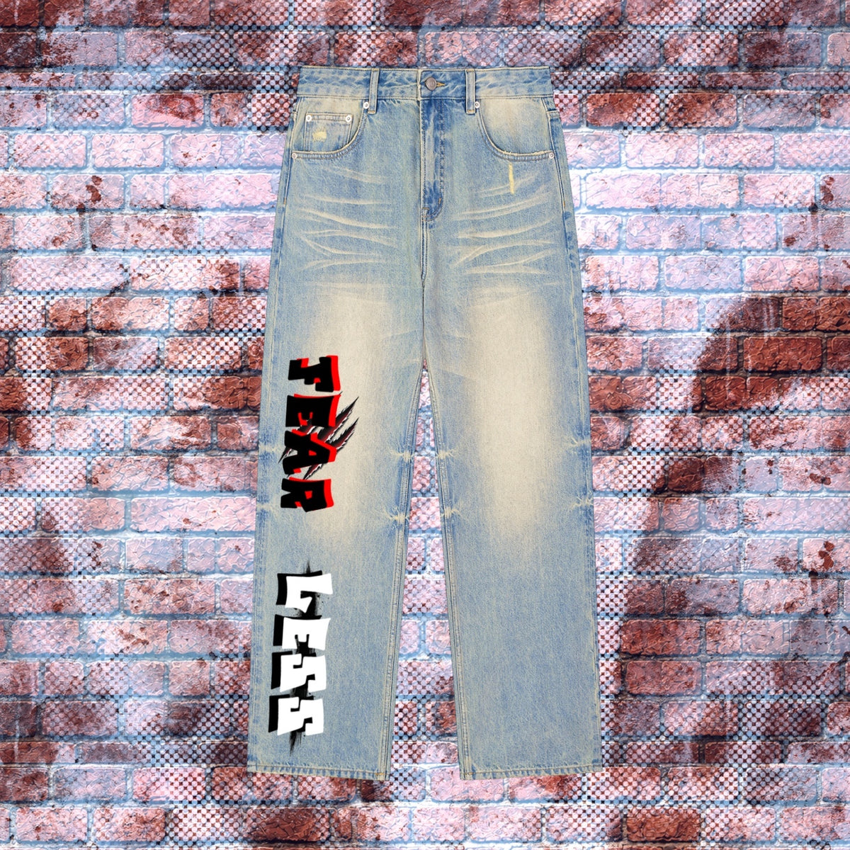 "FEAR LESS" Graphic Sun-Faded Statement Jeans