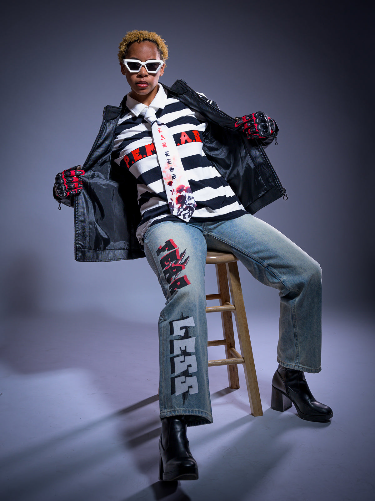 "FEAR LESS" Graphic Sun-Faded Statement Jeans