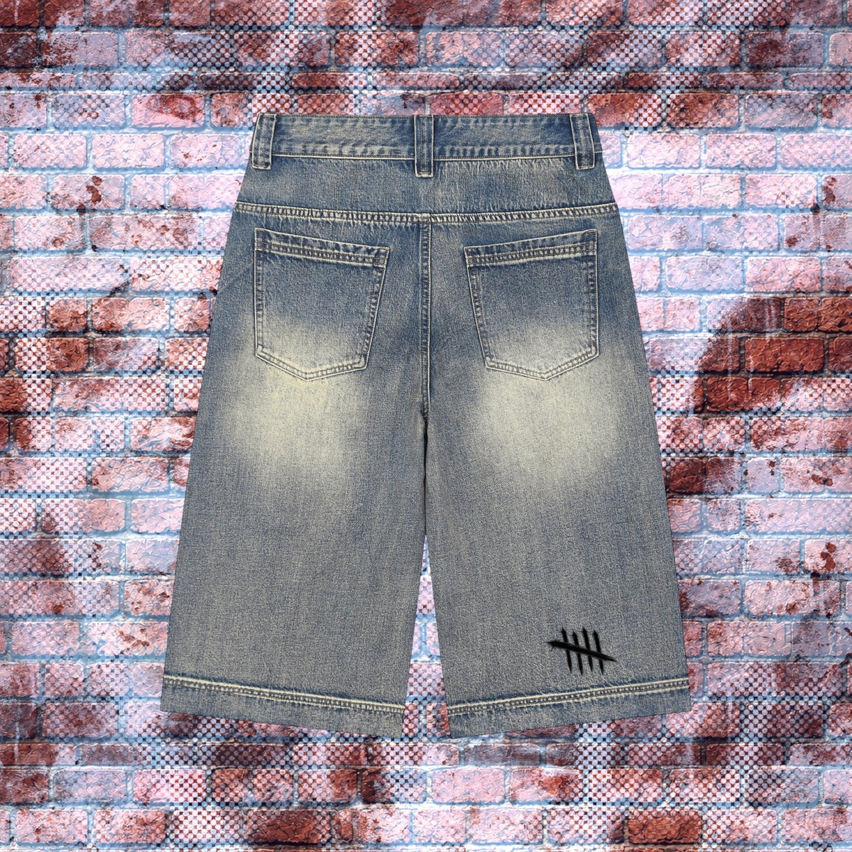 "PROSPERITY CALENDAR" Graphic Vintage Wash Baggy Denim Jorts