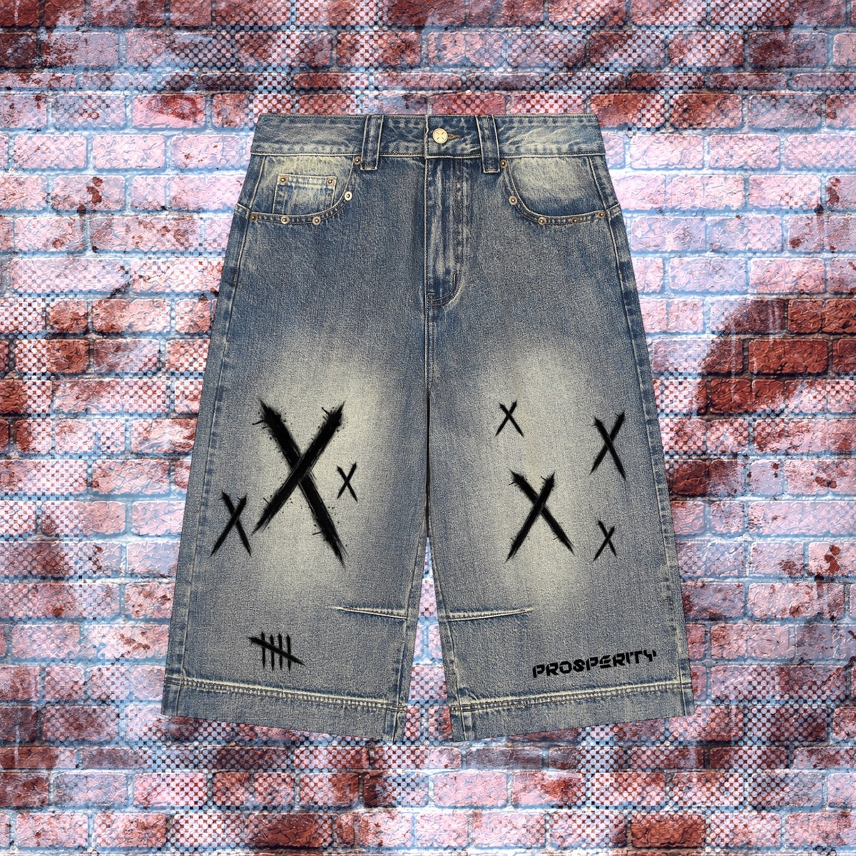 "PROSPERITY CALENDAR" Graphic Vintage Wash Baggy Denim Jorts