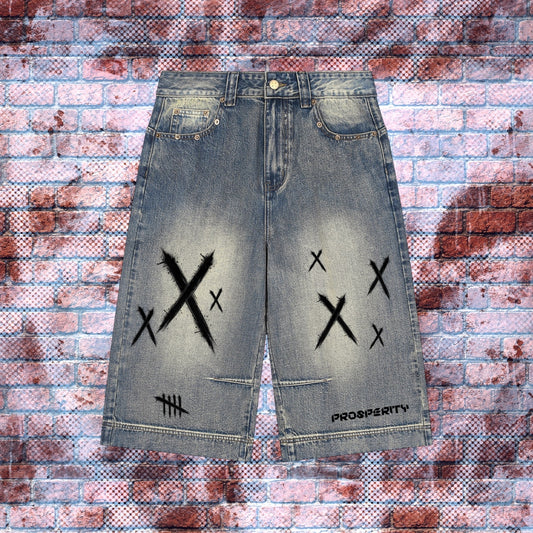 "PROSPERITY CALENDAR" Graphic Vintage Wash Baggy Denim Jorts