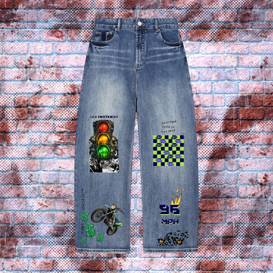 "STREET RACER" Graphic Patch Sun-Faded Baggy Jeans