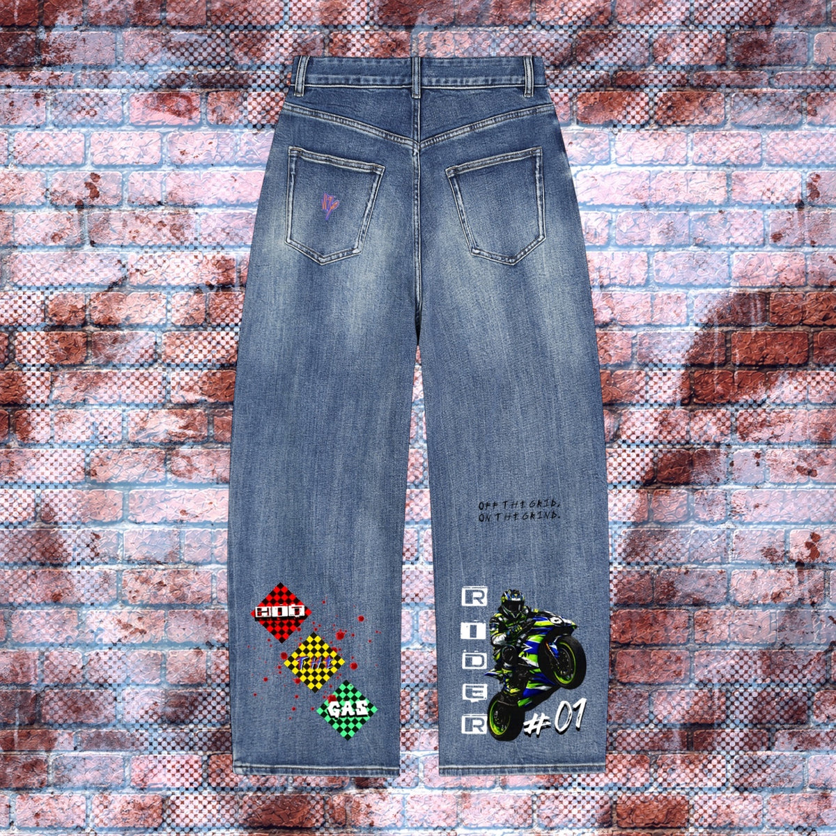 "STREET RACER" Graphic Patch Sun-Faded Baggy Jeans