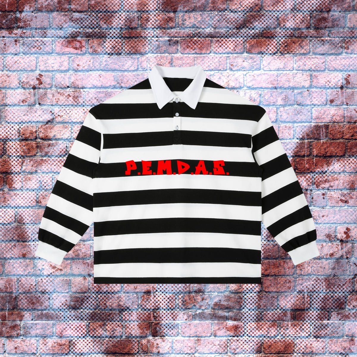 "P.E.M.D.A.S." Statement Color-Block Striped Polo Shirt (White/Black)