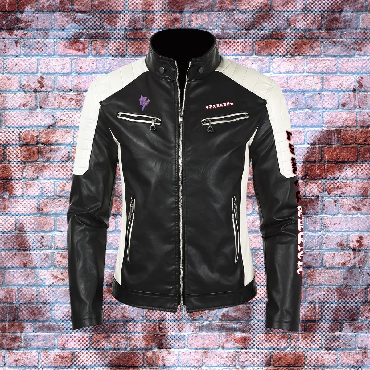 "AMBITION ON" Graphic Statement Faux Leather Moto Biker Jacket (White/Black/Fury Red)