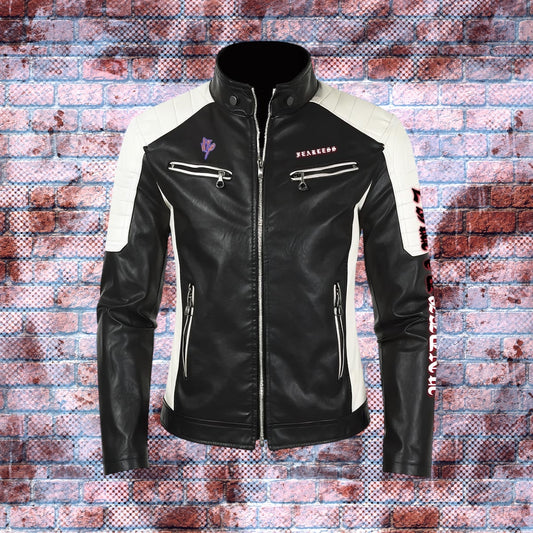 "AMBITION ON" Graphic Statement Faux Leather Moto Biker Jacket (White/Black/Fury Red)