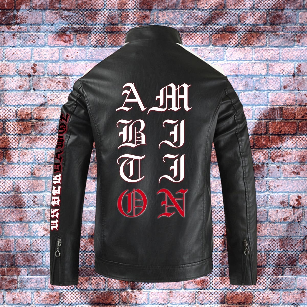 "AMBITION ON" Graphic Statement Faux Leather Moto Biker Jacket (White/Black/Fury Red)
