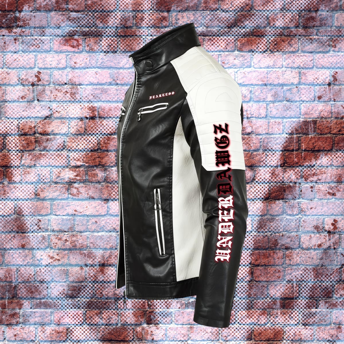 "AMBITION ON" Graphic Statement Faux Leather Moto Biker Jacket (White/Black/Fury Red)