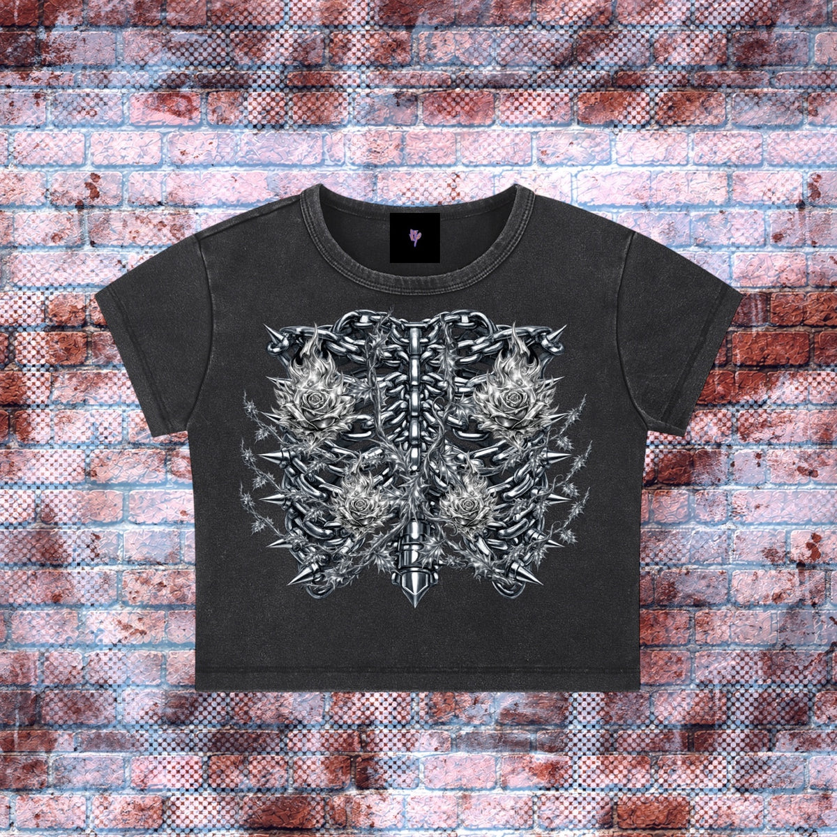 "ETERNAL-ROSE CHAINED RIBCAGE" Faded Wash Graphic Crop Top