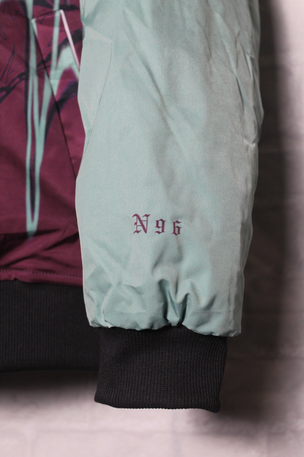 "Unspoken Soulz" Graphic Print Color Block Bomber Jacket (Wine-Oh/Seafoam/Black)