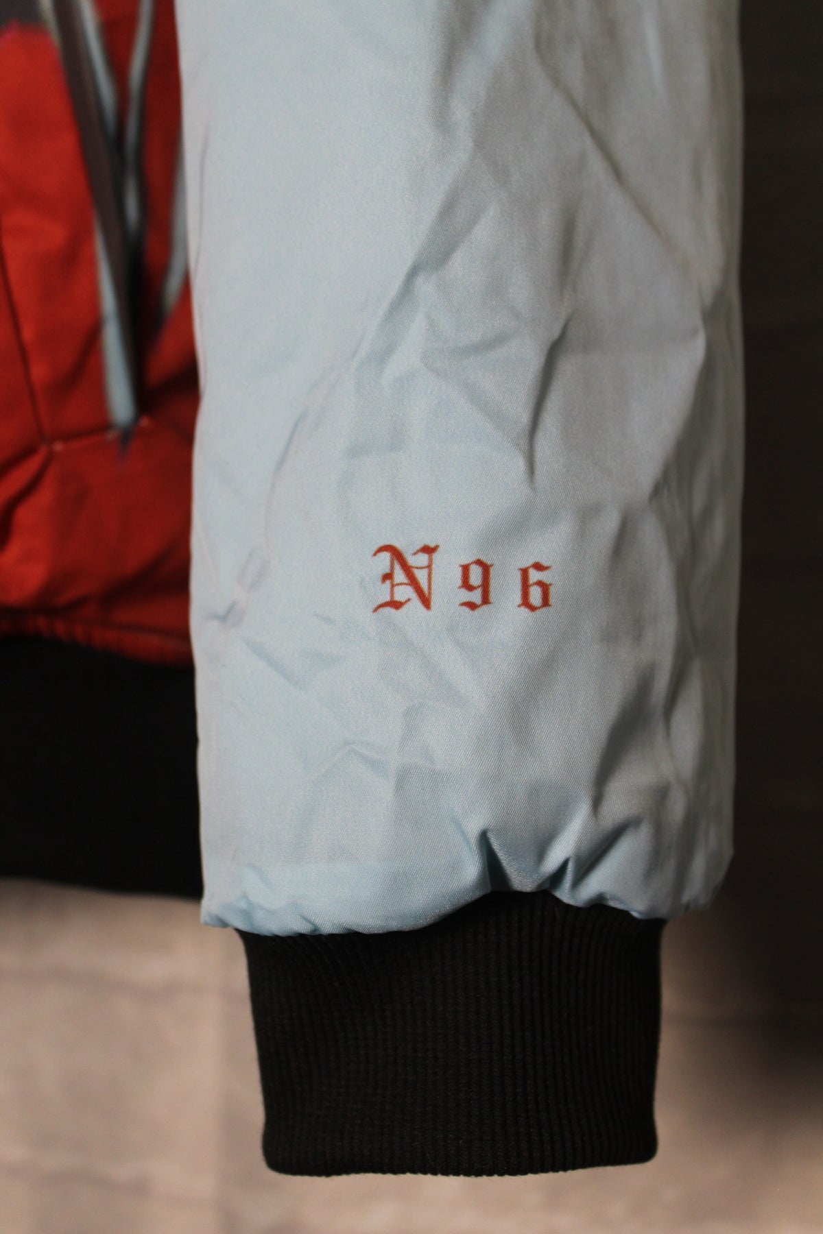 "Unspoken Soulz" Graphic Print Color Block Bomber Jacket (Ball-Owt/Sky Blue/Deserted Gold)