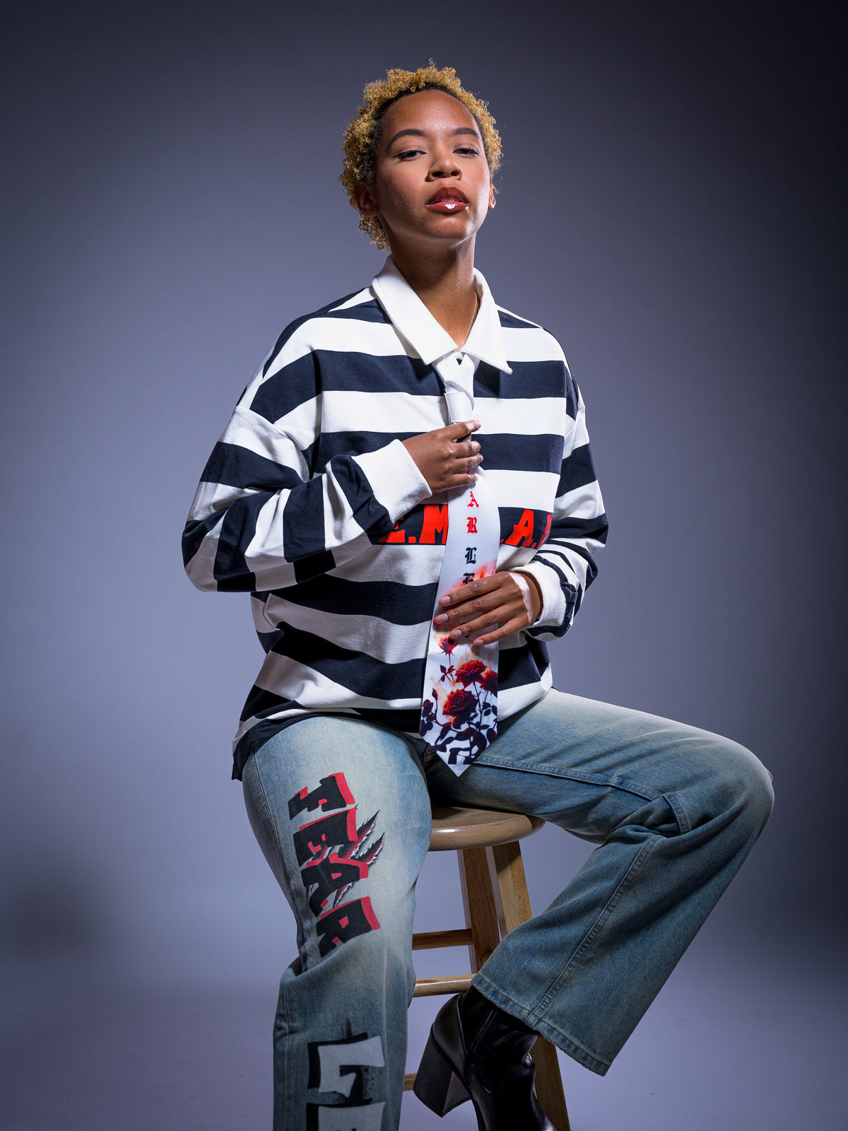 "P.E.M.D.A.S." Statement Color-Block Striped Polo Shirt (White/Black)