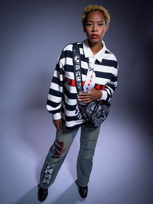 "P.E.M.D.A.S." Statement Color-Block Striped Polo Shirt (White/Black)