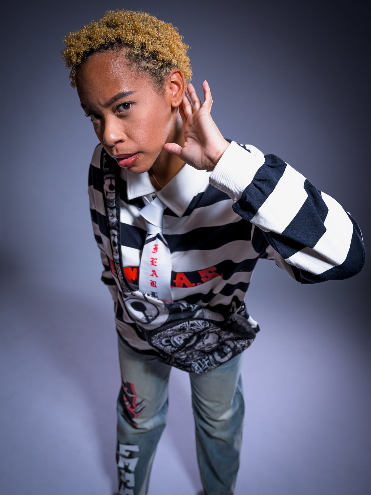 "P.E.M.D.A.S." Statement Color-Block Striped Polo Shirt (White/Black)