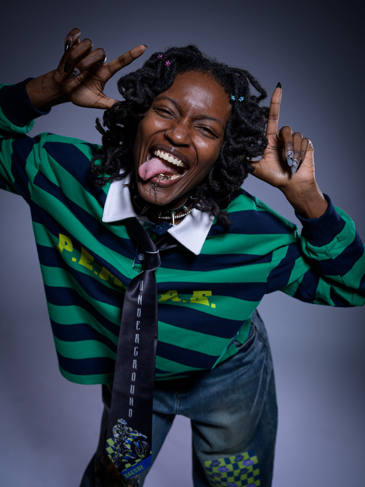 "P.E.M.D.A.S." Statement Color-Block Striped Polo Shirt (Green/Navy Blue)