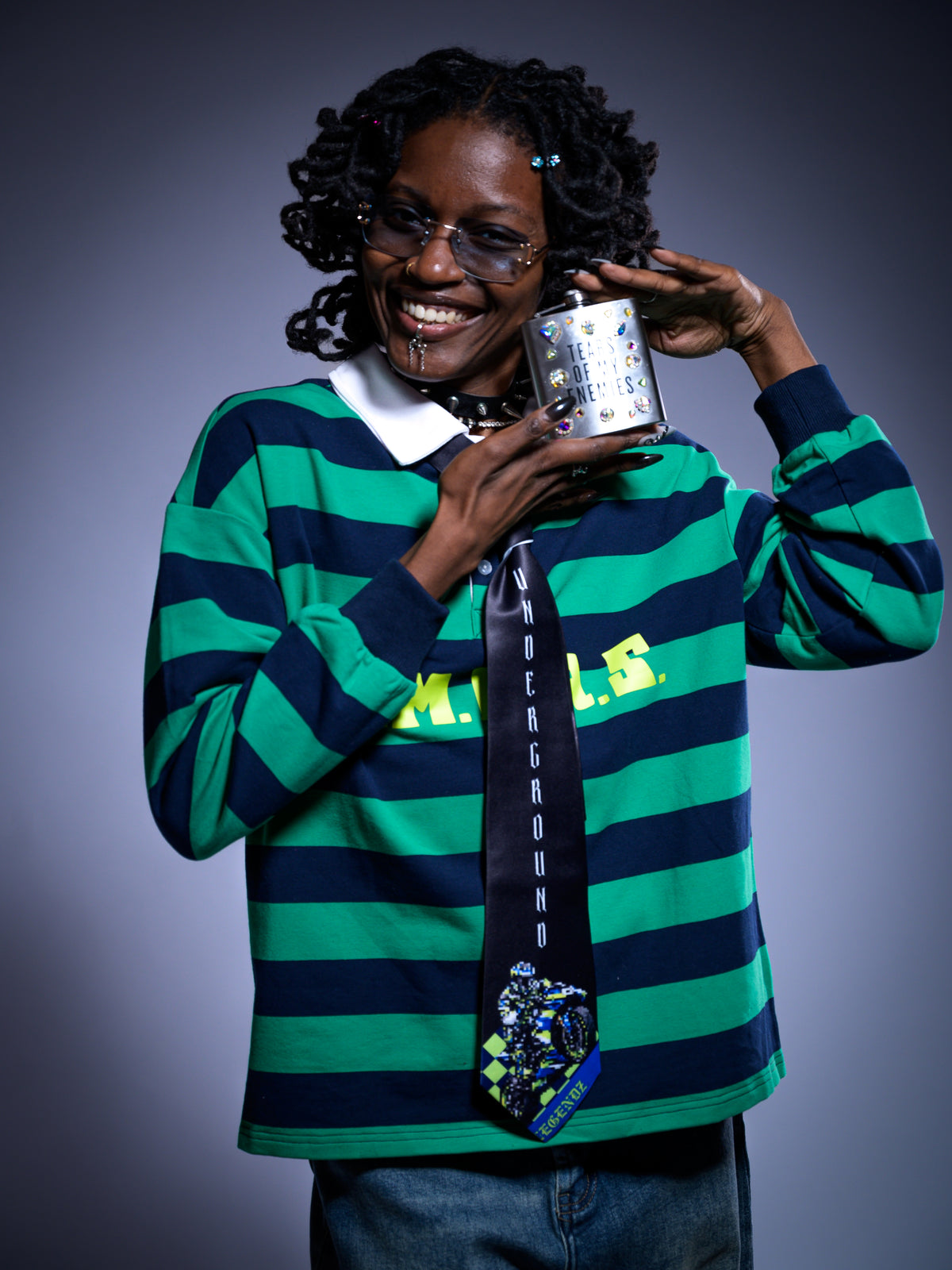 "P.E.M.D.A.S." Statement Color-Block Striped Polo Shirt (Green/Navy Blue)