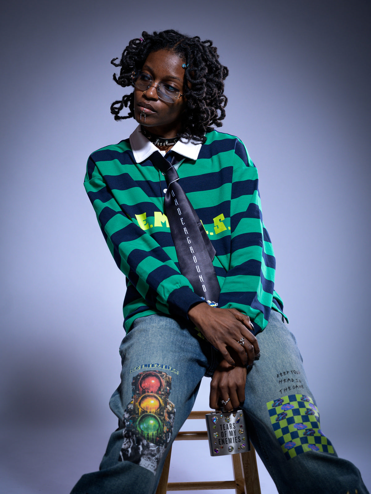 "P.E.M.D.A.S." Statement Color-Block Striped Polo Shirt (Green/Navy Blue)