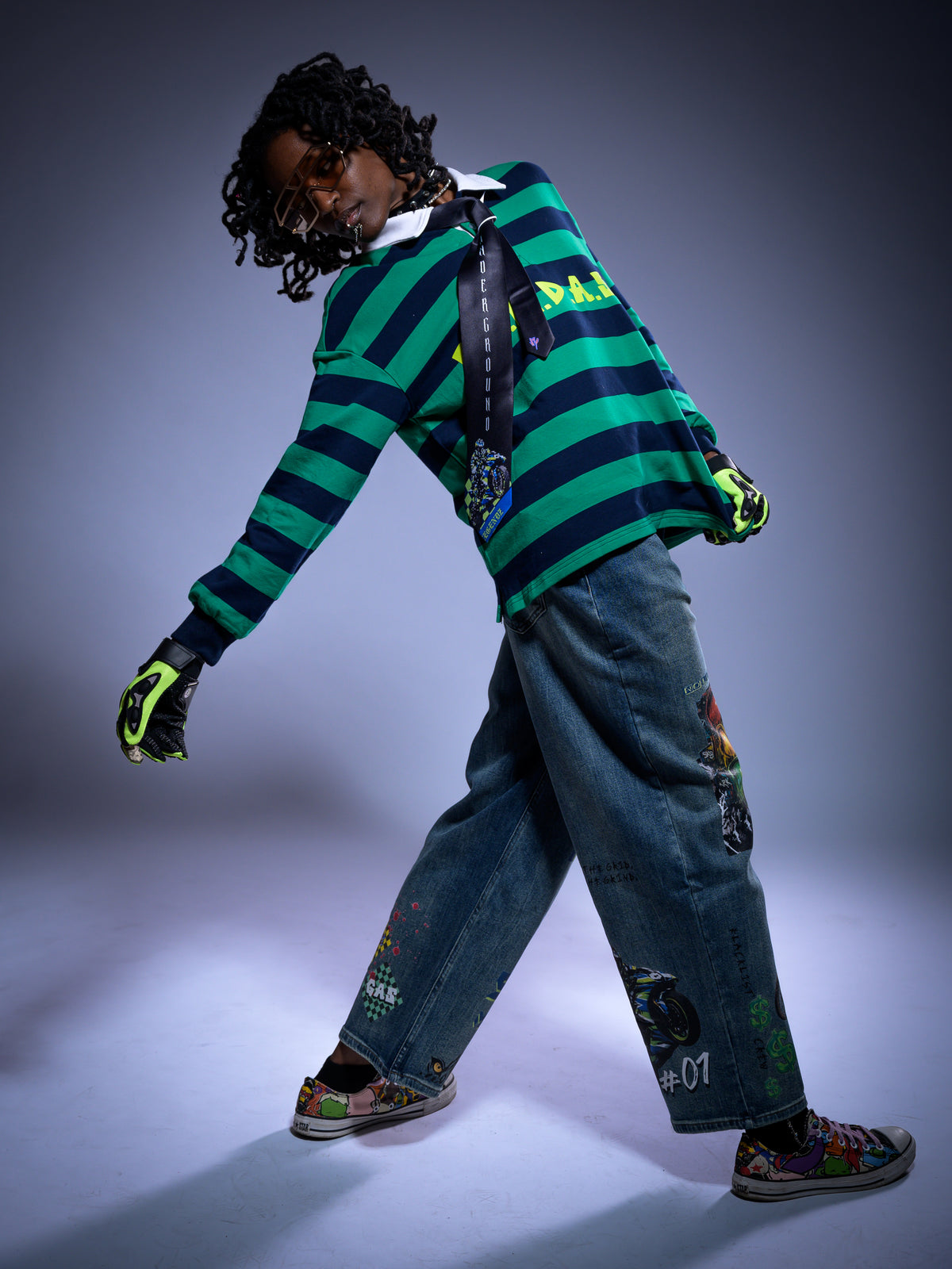 "P.E.M.D.A.S." Statement Color-Block Striped Polo Shirt (Green/Navy Blue)