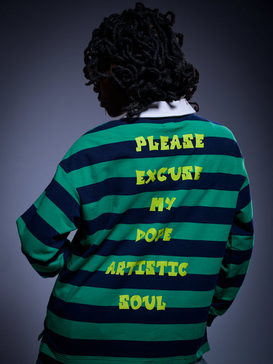 "P.E.M.D.A.S." Statement Color-Block Striped Polo Shirt (Green/Navy Blue)