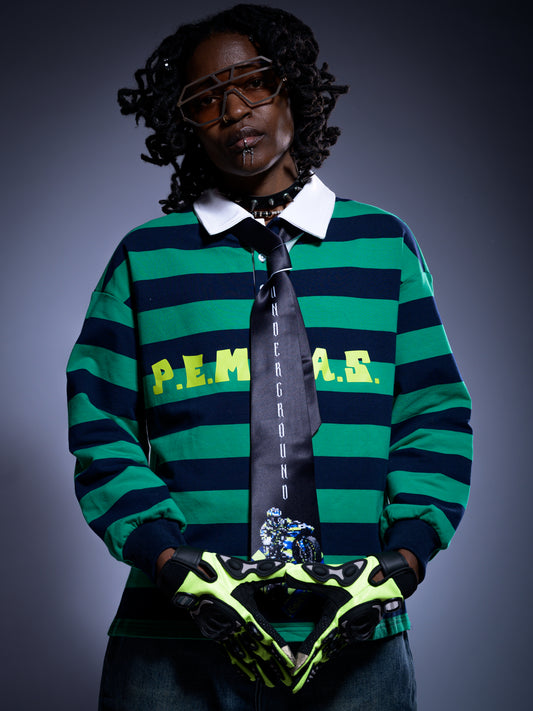 "P.E.M.D.A.S." Statement Color-Block Striped Polo Shirt (Green/Navy Blue)