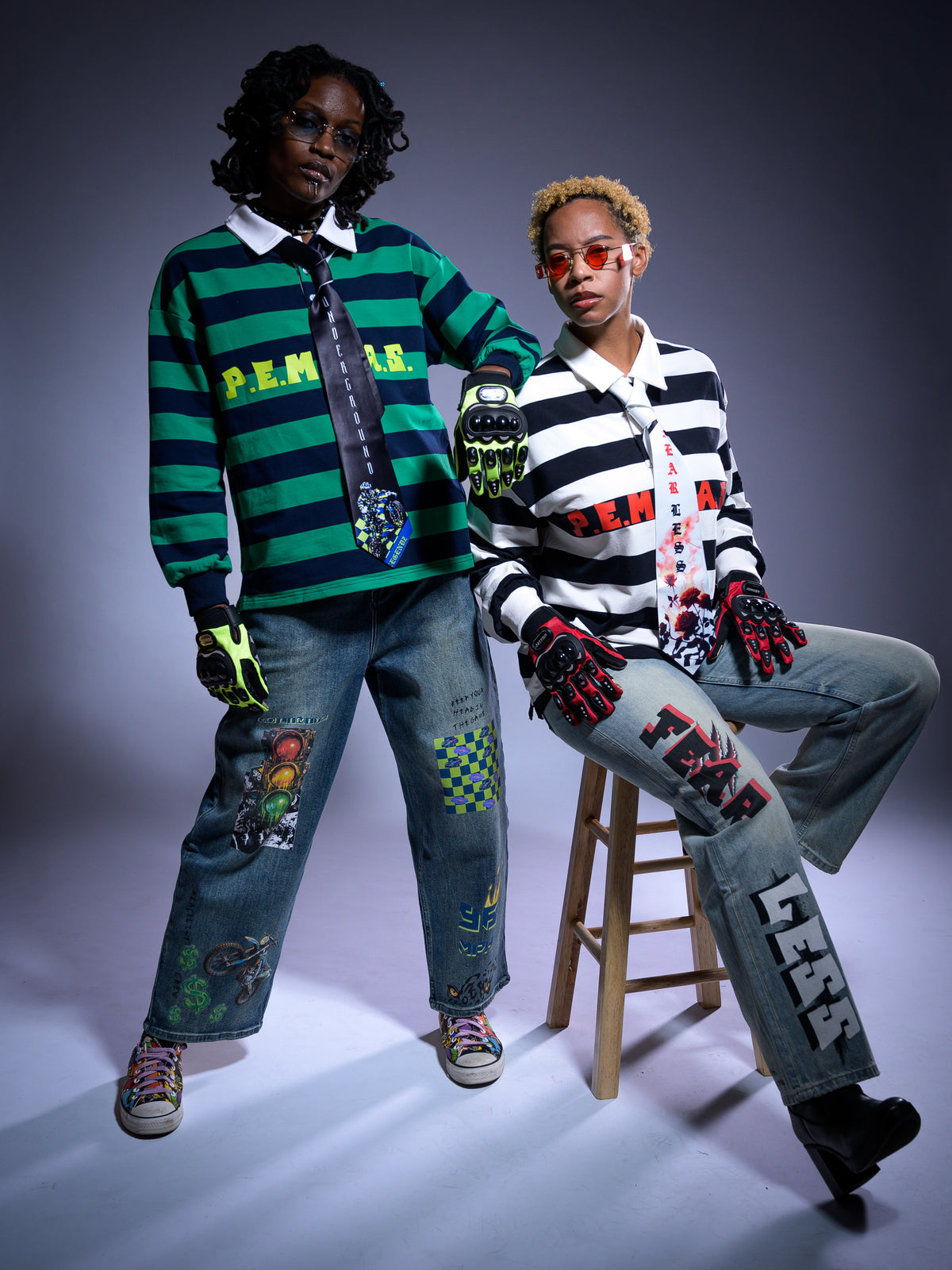 "P.E.M.D.A.S." Statement Color-Block Striped Polo Shirt (Green/Navy Blue)