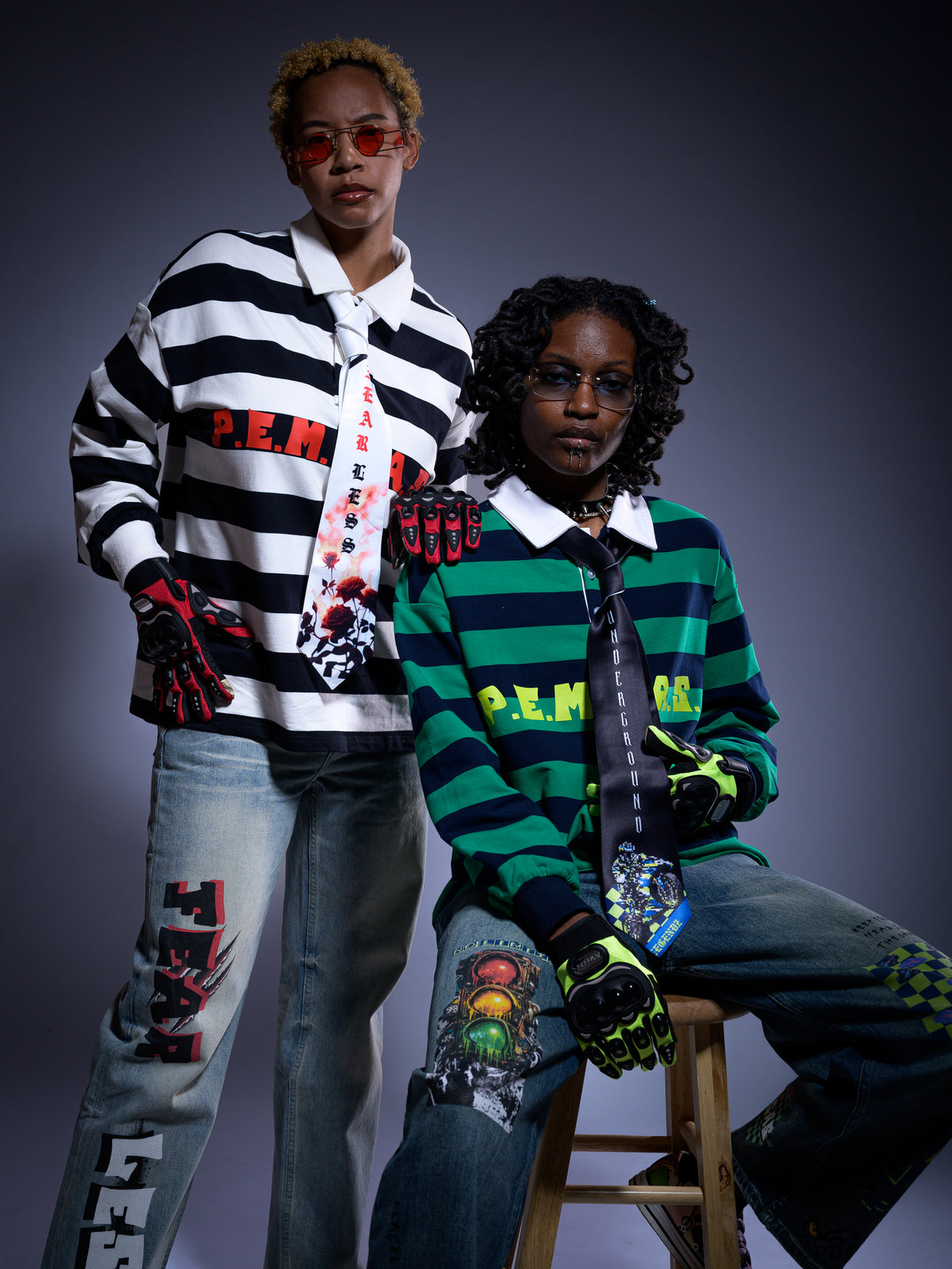 "P.E.M.D.A.S." Statement Color-Block Striped Polo Shirt (Green/Navy Blue)