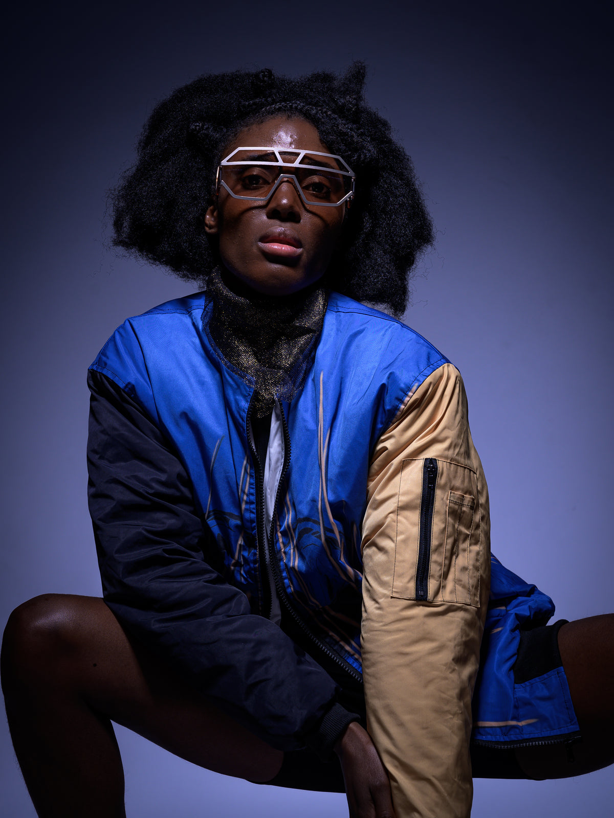 "Unspoken Soulz" Graphic Print Color Block Bomber Jacket (HumBlue/Sunshine Sand/Black)