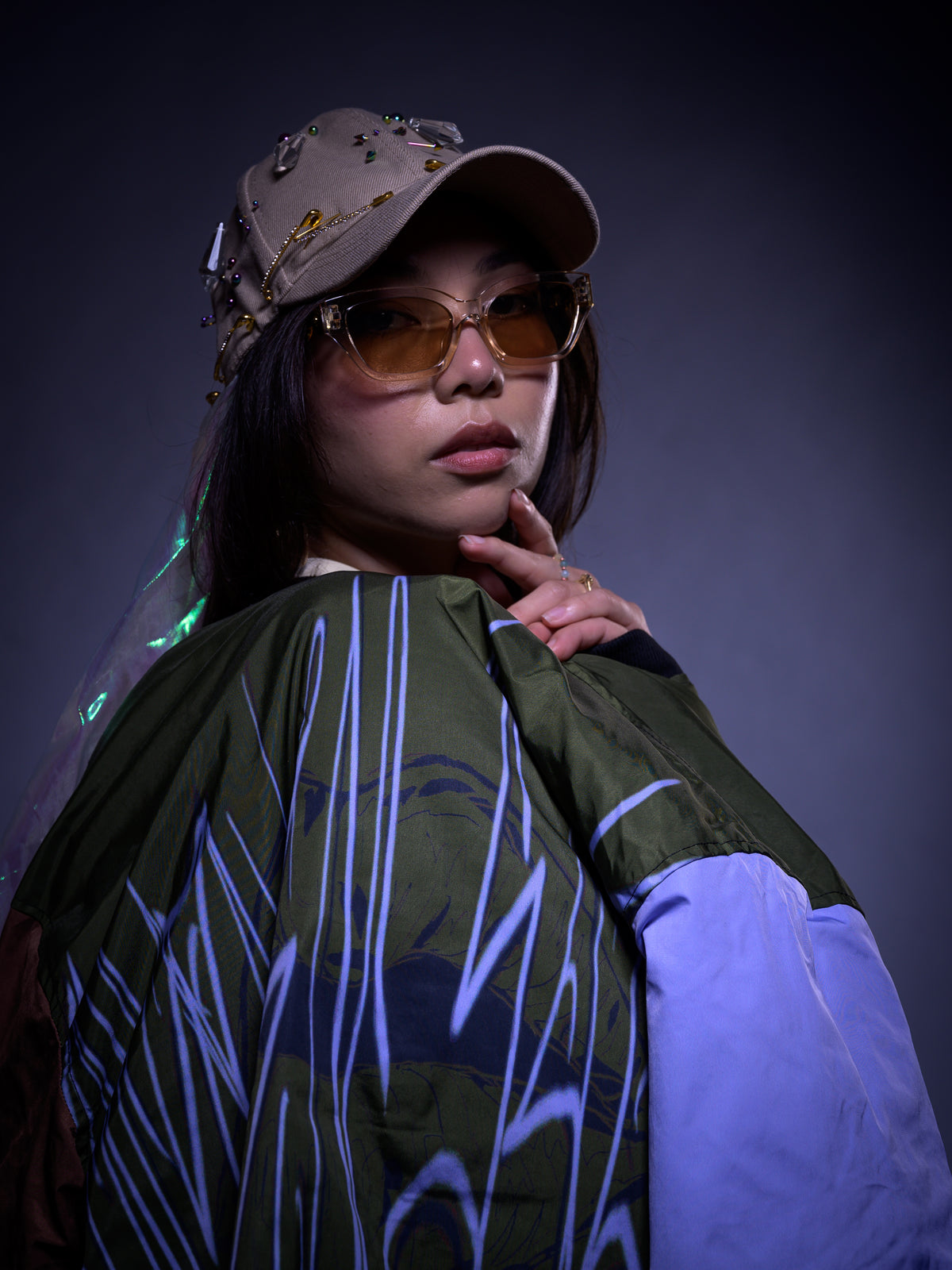 "Unspoken Soulz" Graphic Print Color Block Bomber Jacket (Money Mantra/Grit/Lavender Lake)