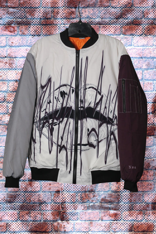 "Unspoken Soulz" Graphic Print Color Block Bomber Jacket (Spoil'D Milk/Wine/Smoke Grey)