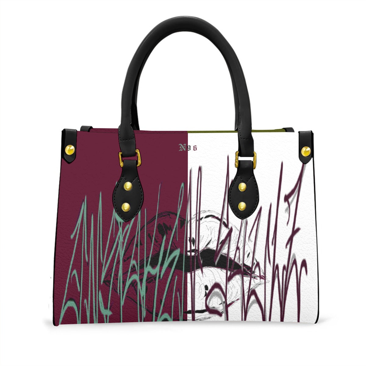 A split color block handbag with a graffiti graphic print in shades of seafoam green, lavender purple, deep maroon, and white, featuring graffiti text and an abstract torn lip background design. Featuring N96 brand name in an Old English Font