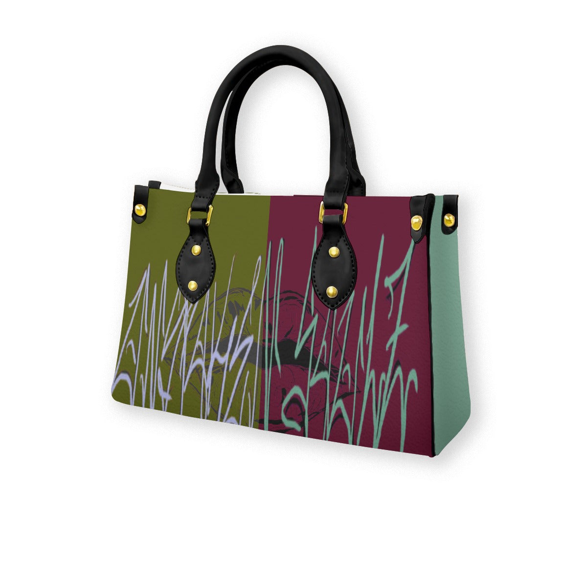A split color block handbag with a graffiti graphic print in shades of seafoam green, lavender purple, deep maroon, and white, featuring graffiti text and an abstract torn lip background design.