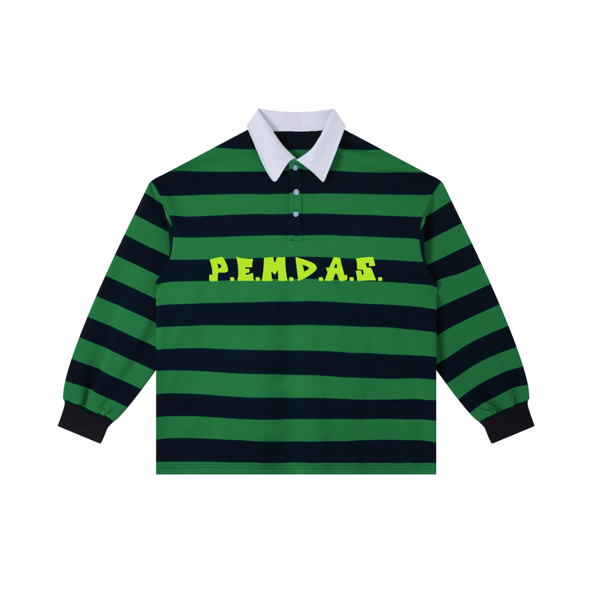 "P.E.M.D.A.S." Statement Color-Block Striped Polo Shirt (Green/Navy Blue)