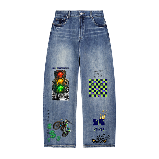 "STREET RACER" Graphic Patch Sun-Faded Baggy Jeans