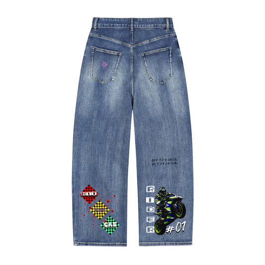 "STREET RACER" Graphic Patch Sun-Faded Baggy Jeans