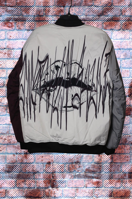 "Unspoken Soulz" Graphic Print Color Block Bomber Jacket (Spoil'D Milk/Wine/Smoke Grey)