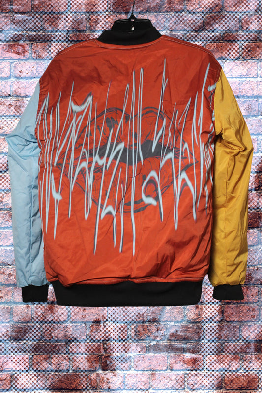 "Unspoken Soulz" Graphic Print Color Block Bomber Jacket (Ball-Owt/Sky Blue/Deserted Gold)