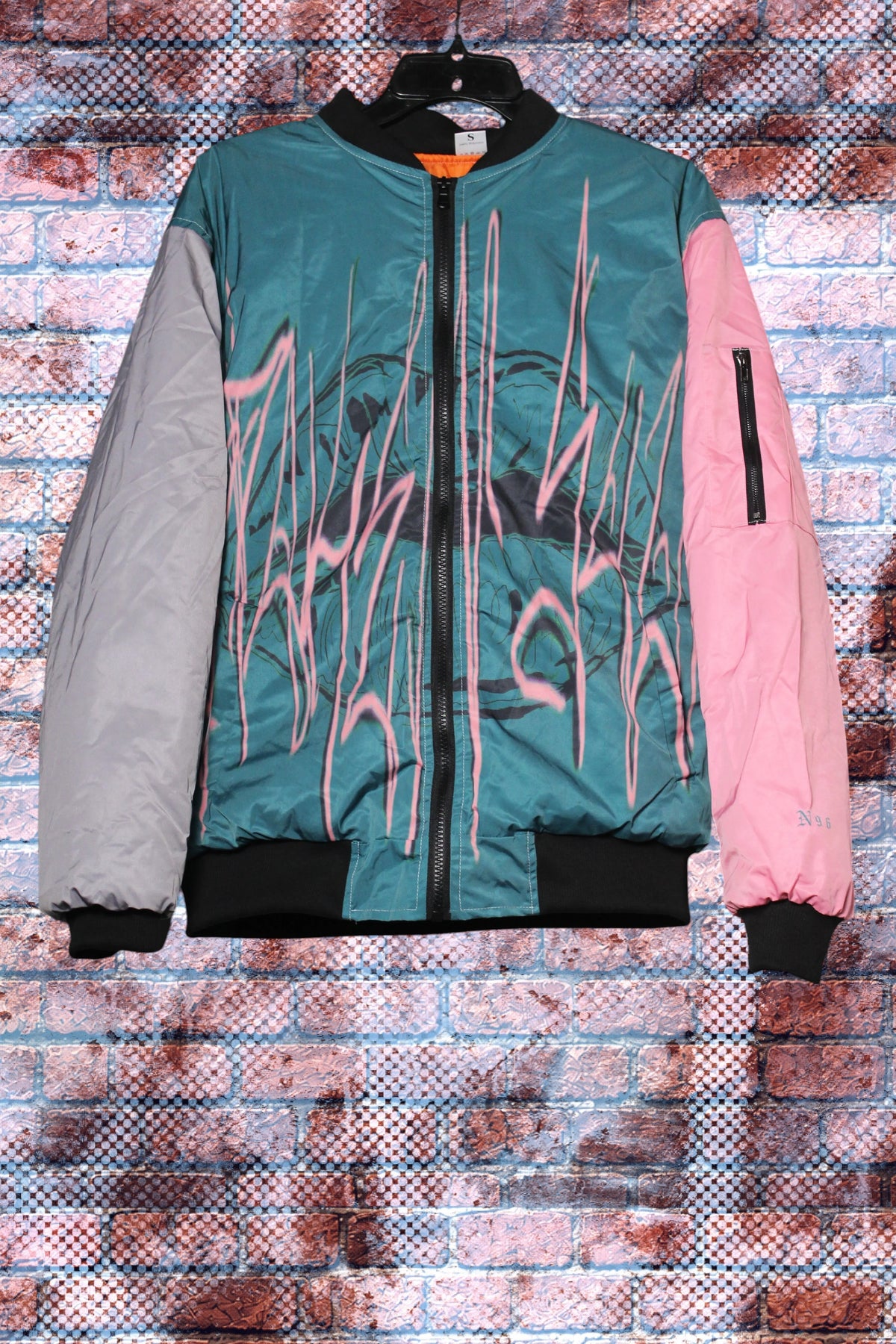 "Unspoken Soulz" Graphic Print Color Block Bomber Jacket (Poetic Gardenz/Pink Carnation/Storm Grey)