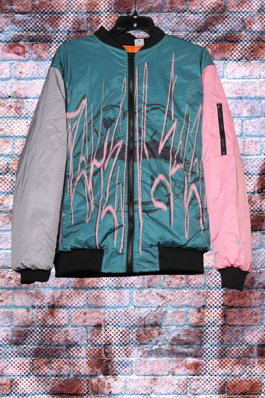 "Unspoken Soulz" Graphic Print Color Block Bomber Jacket (Poetic Gardenz/Pink Carnation/Storm Grey)