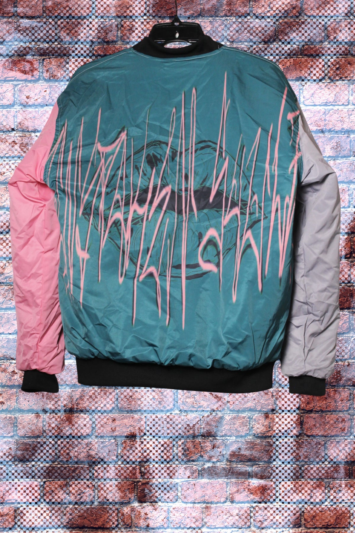 "Unspoken Soulz" Graphic Print Color Block Bomber Jacket (Poetic Gardenz/Pink Carnation/Storm Grey)