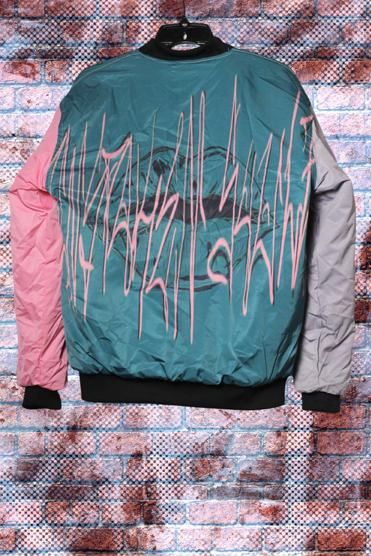 "Unspoken Soulz" Graphic Print Color Block Bomber Jacket (Poetic Gardenz/Pink Carnation/Storm Grey)