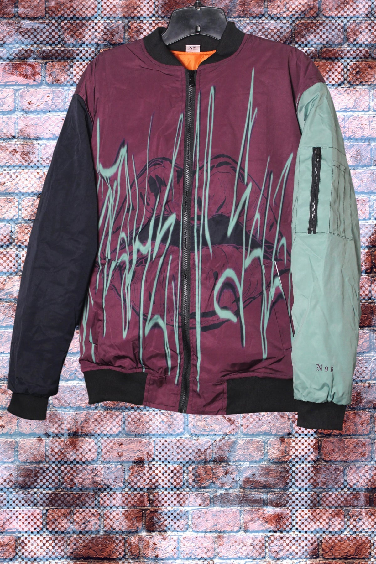"Unspoken Soulz" Graphic Print Color Block Bomber Jacket (Wine-Oh/Seafoam/Black)