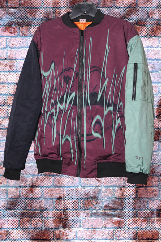"Unspoken Soulz" Graphic Print Color Block Bomber Jacket (Wine-Oh/Seafoam/Black)