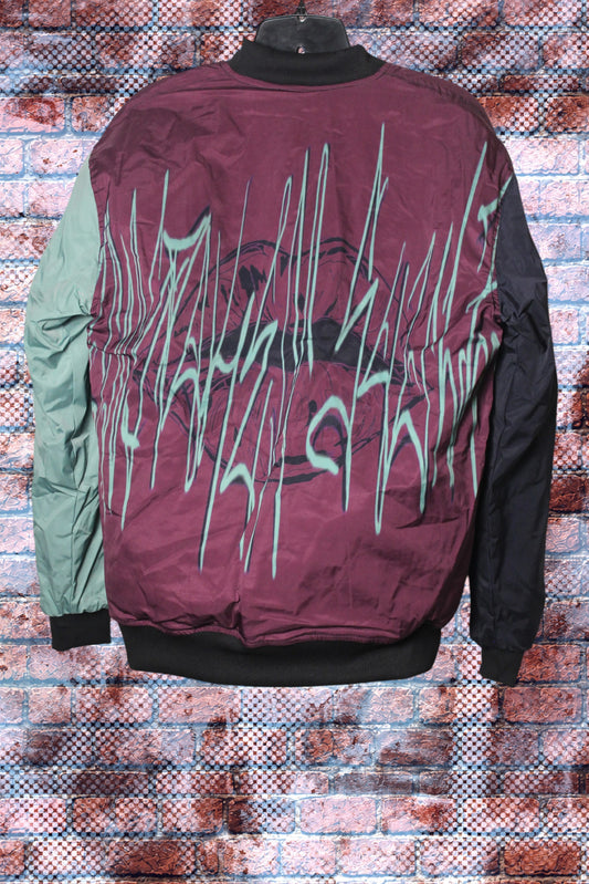 "Unspoken Soulz" Graphic Print Color Block Bomber Jacket (Wine-Oh/Seafoam/Black)